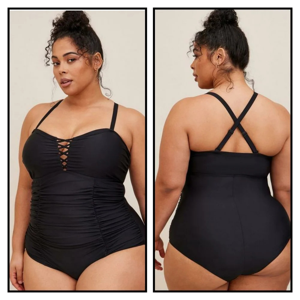 Torrid Curvy Chic Black Ruched Lace-Up One Piece Swimsuit Tummy Control Size 6 - Picture 7 of 8